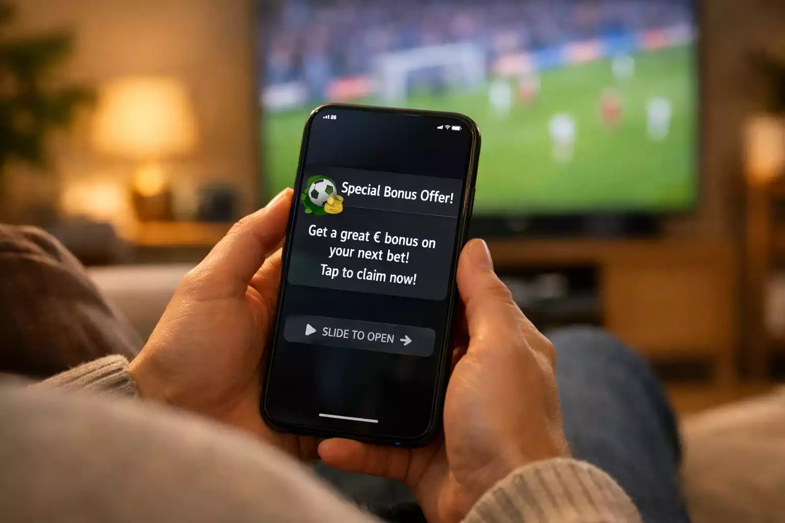 Main tenant un smartphone avec notification de bonus sur application de paris