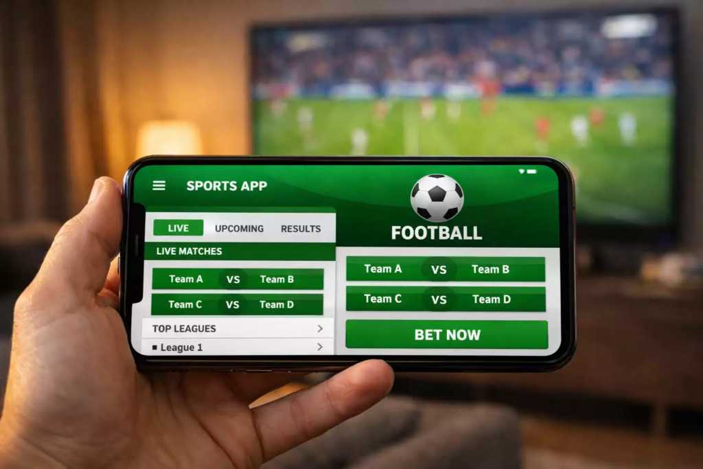 Smartphone affichant une application de paris sportifs avec match de football en arrière-plan