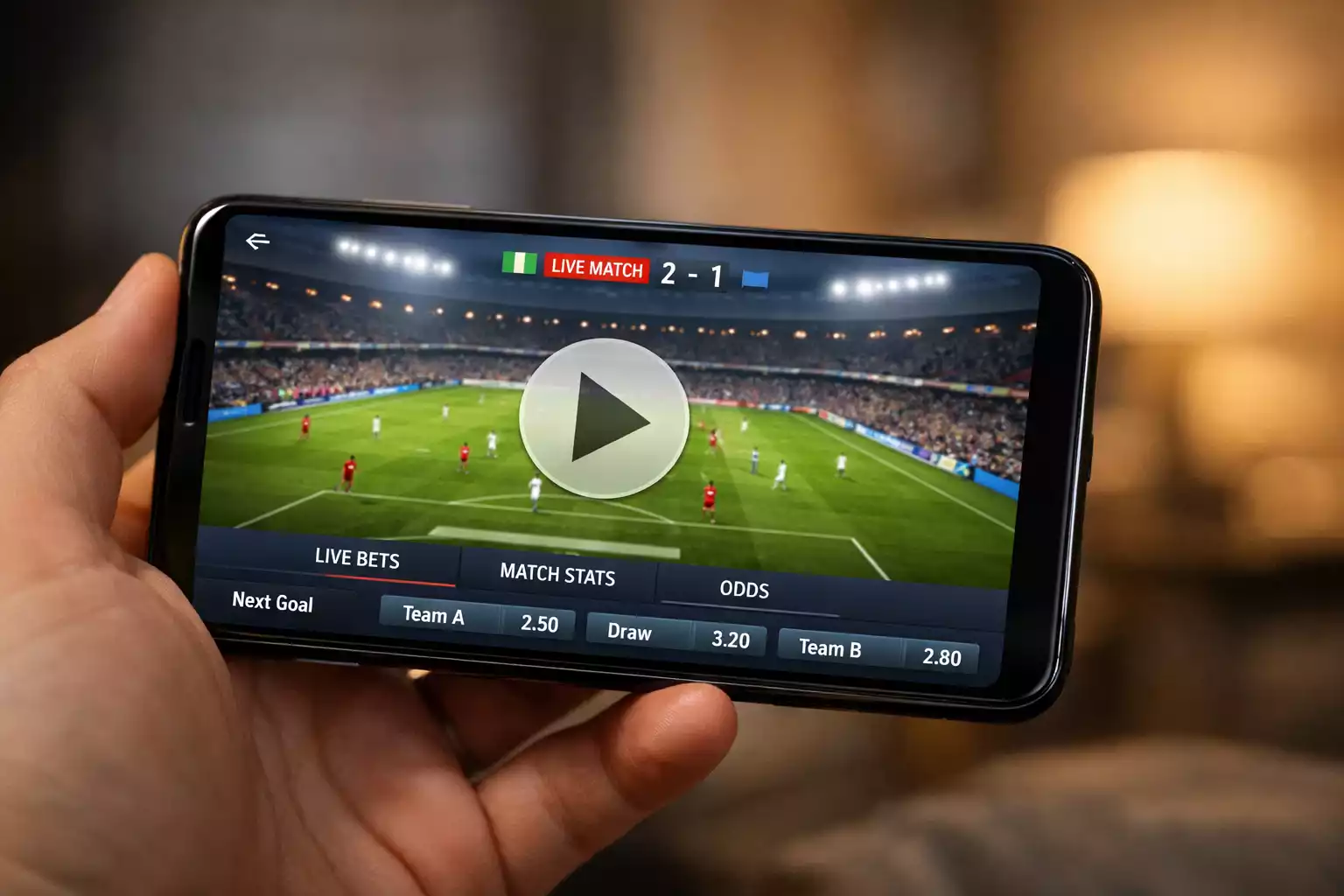 Smartphone affichant un match en streaming sur application de paris