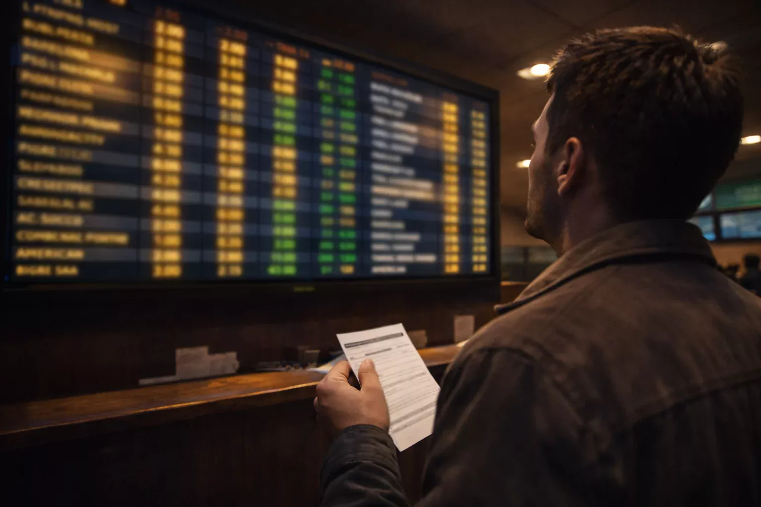 Tableau de cotes de football affiché sur un écran dans une salle de paris sportifs
