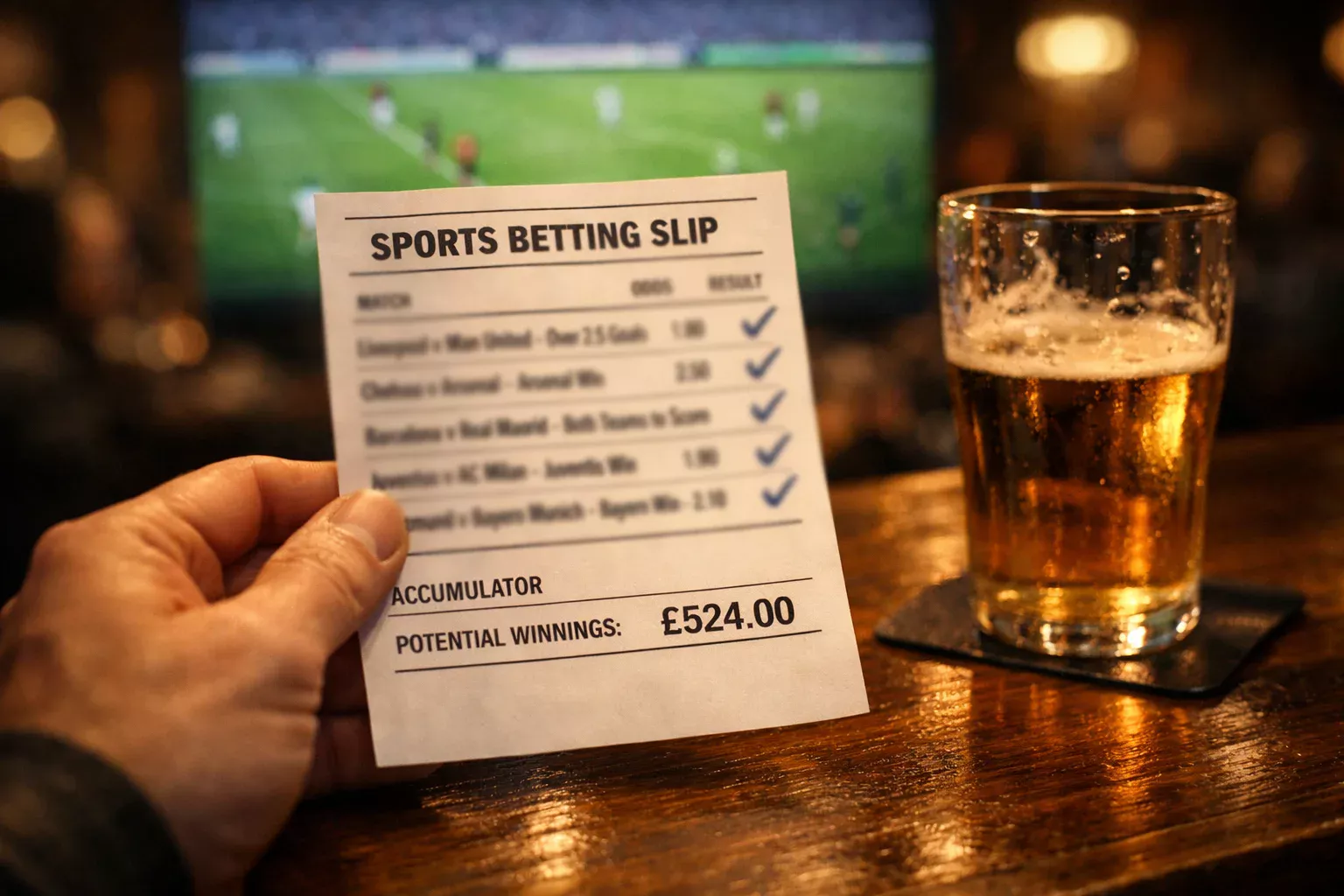 Ticket de paris sportifs posé sur une table à côté d'un écran montrant un match de football