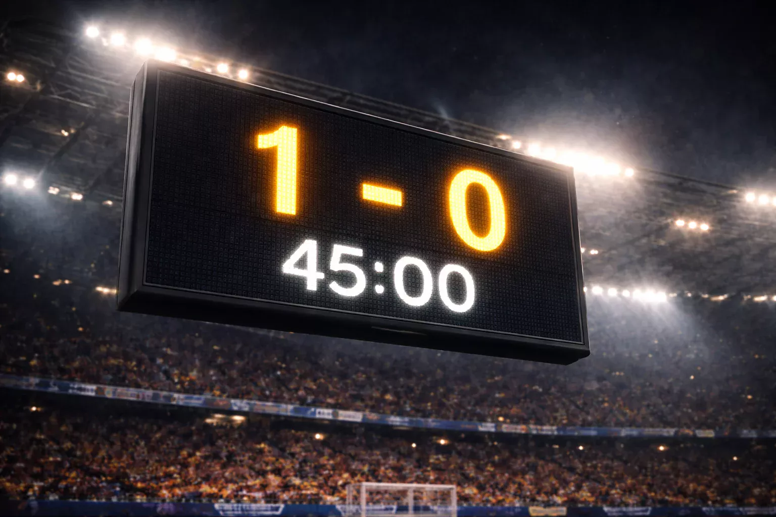 Tableau d'affichage d'un stade de football montrant le score à la mi-temps sous les projecteurs