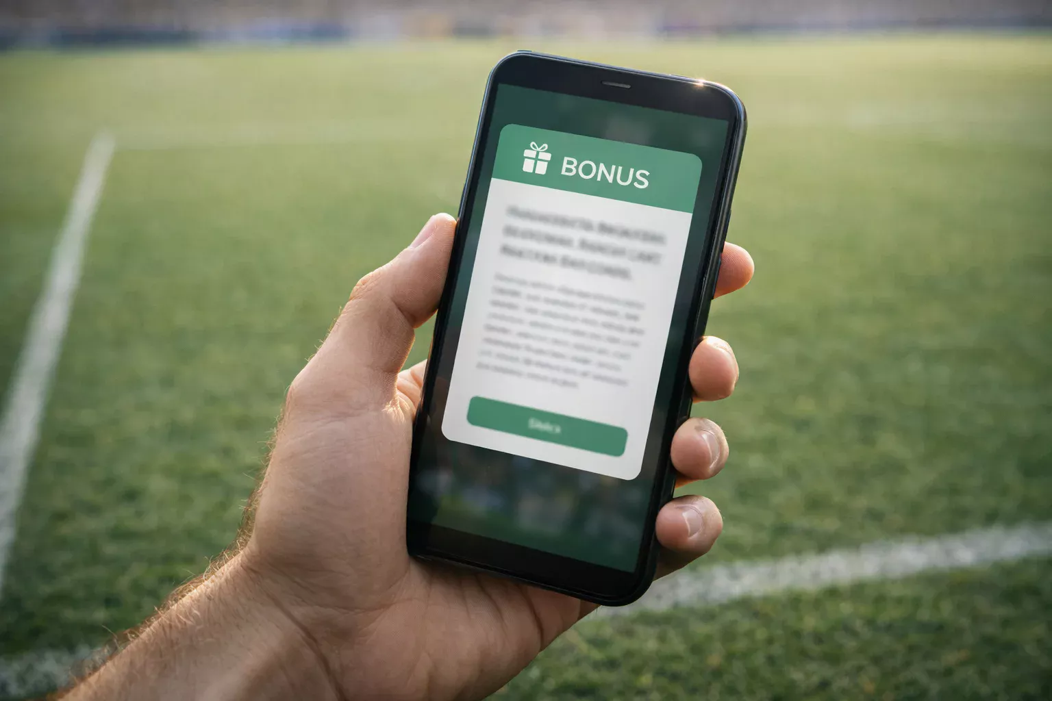 Main tenant un smartphone affichant une notification de bonus freebet avec un terrain de football en arrière-plan