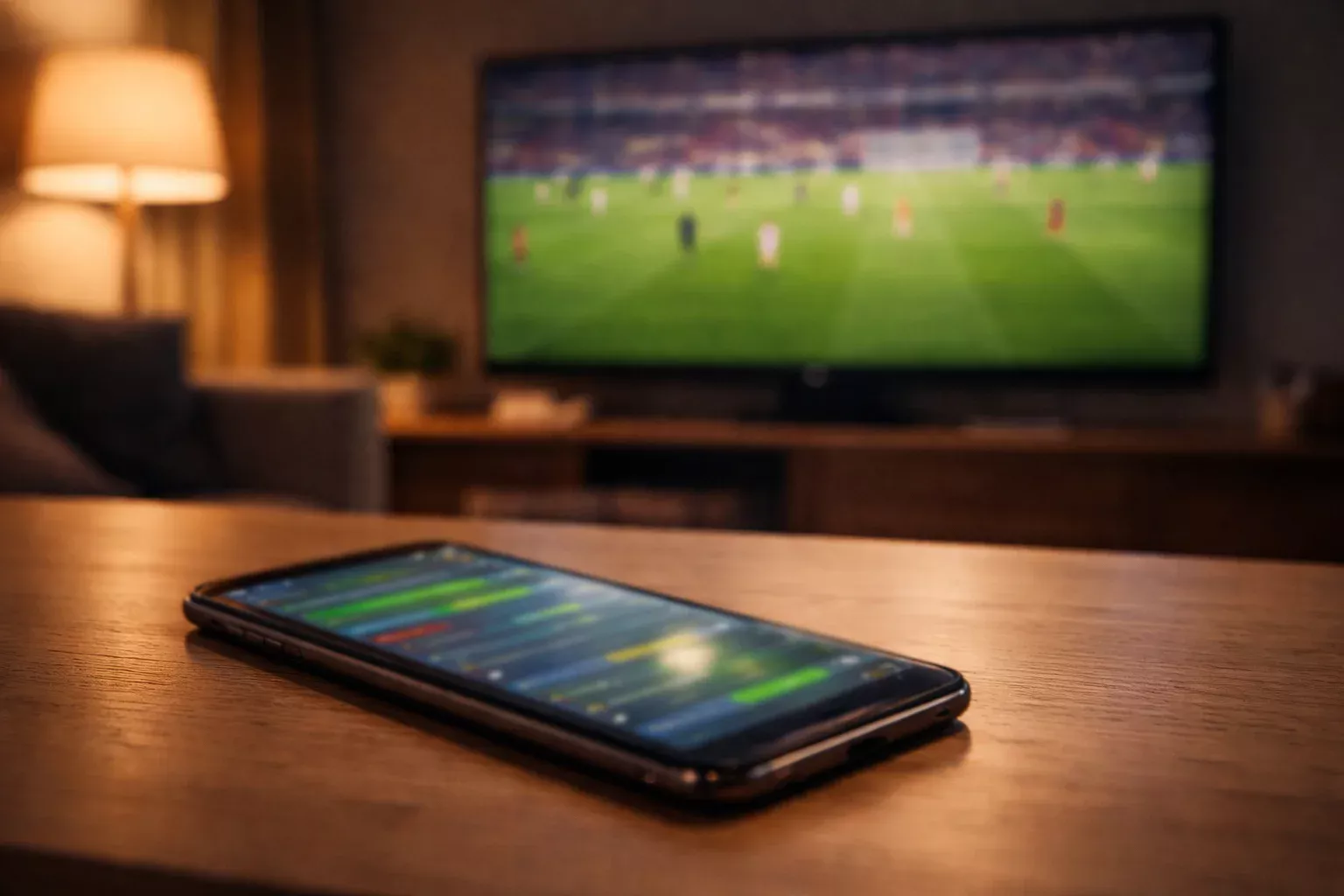 Smartphone posé sur une table avec une application de paris sportifs ouverte et un match de football en arrière-plan sur un écran TV