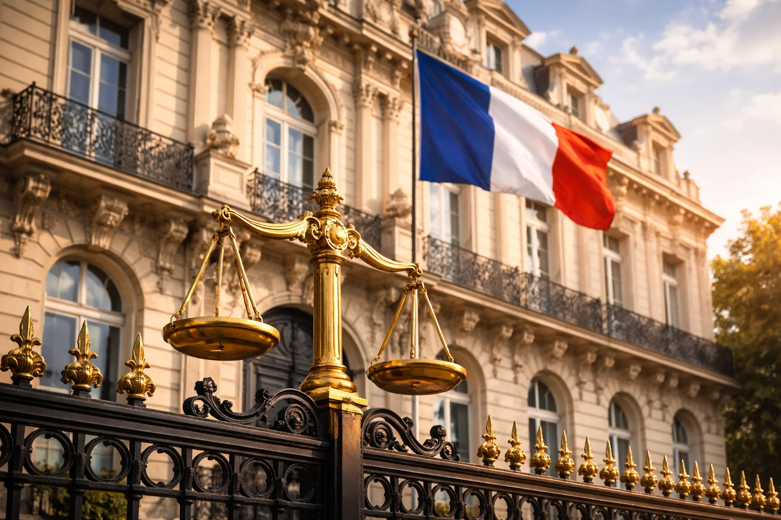 Façade d'un bâtiment officiel français avec un drapeau tricolore et le symbole de la balance de la justice