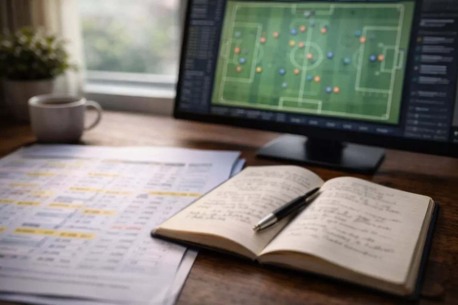 Bureau d'analyste avec un carnet de notes ouvert, des statistiques de football imprimées et un écran montrant une composition d'équipe