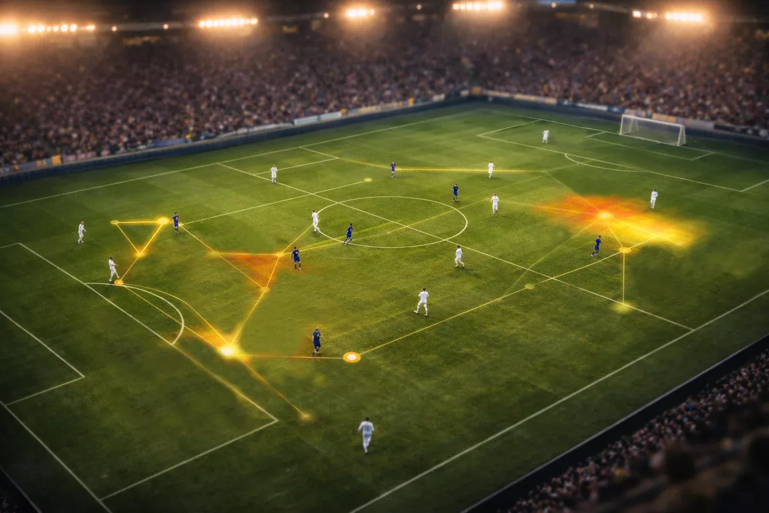 Terrain de football vu du dessus avec des lignes de données et statistiques de joueurs superposées