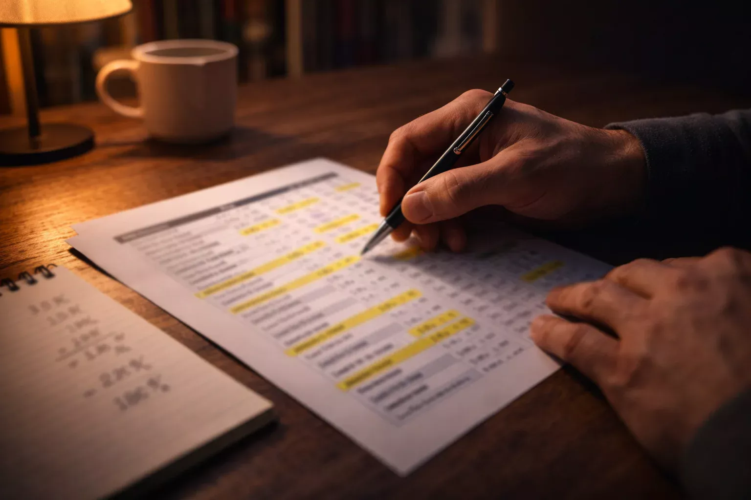 Homme analysant des cotes de paris sportifs avec un stylo et un document imprimé