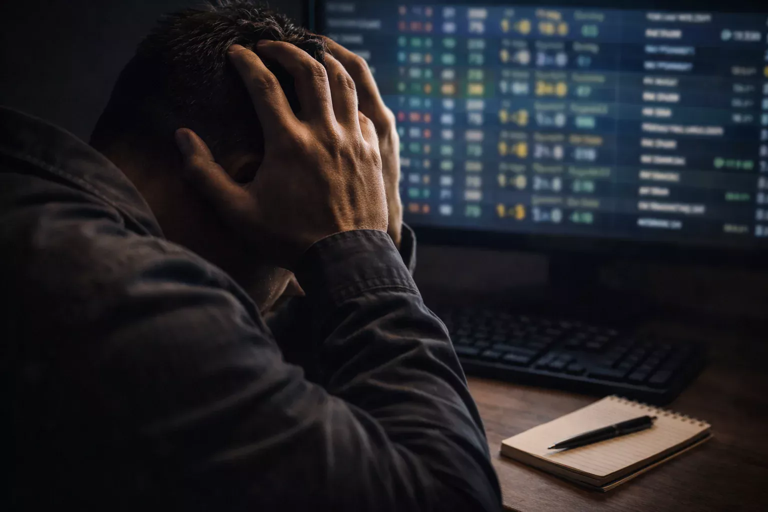 Parieur frustré se tenant la tête devant un écran d'ordinateur affichant des résultats de matchs de football