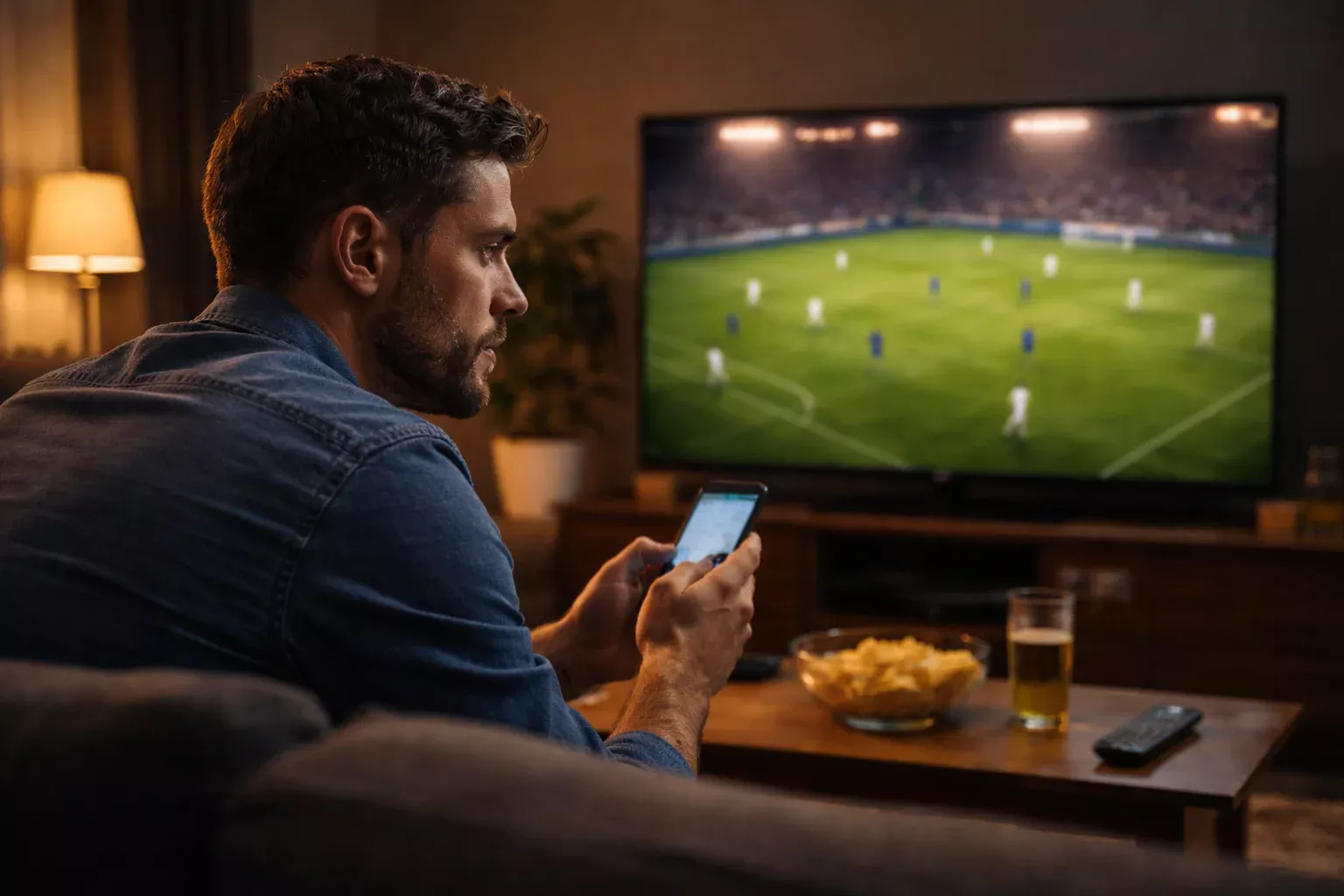 Parieur concentré devant un écran affichant un match de football en direct dans un salon