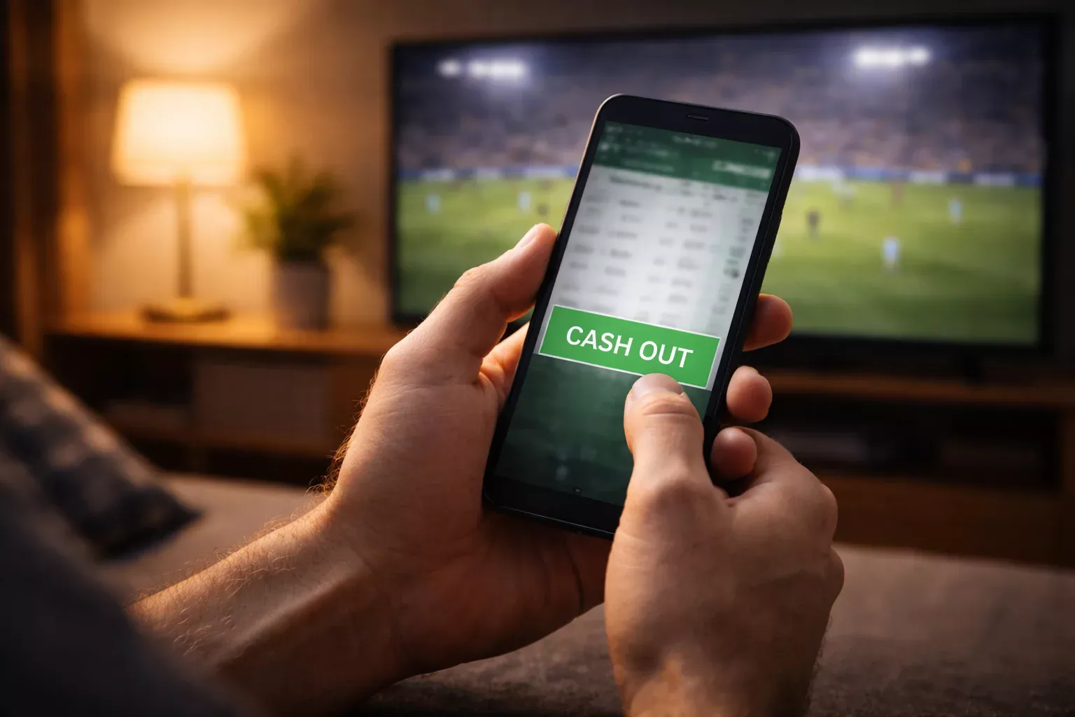 Main d'un parieur appuyant sur un bouton de validation sur un écran de smartphone lors d'un match de football