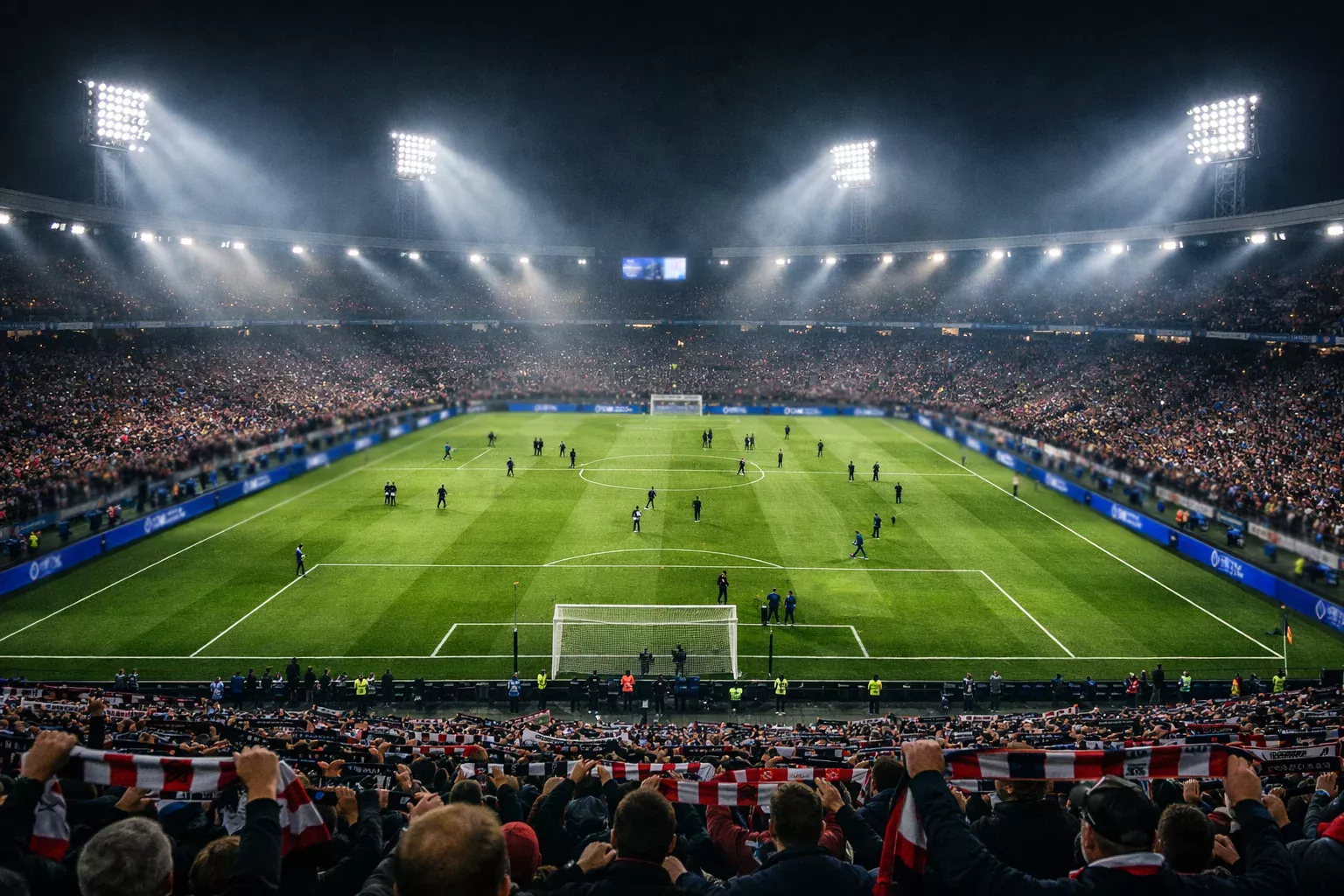 Stade européen illuminé la nuit avec le terrain de football prêt pour un match de Ligue des Champions