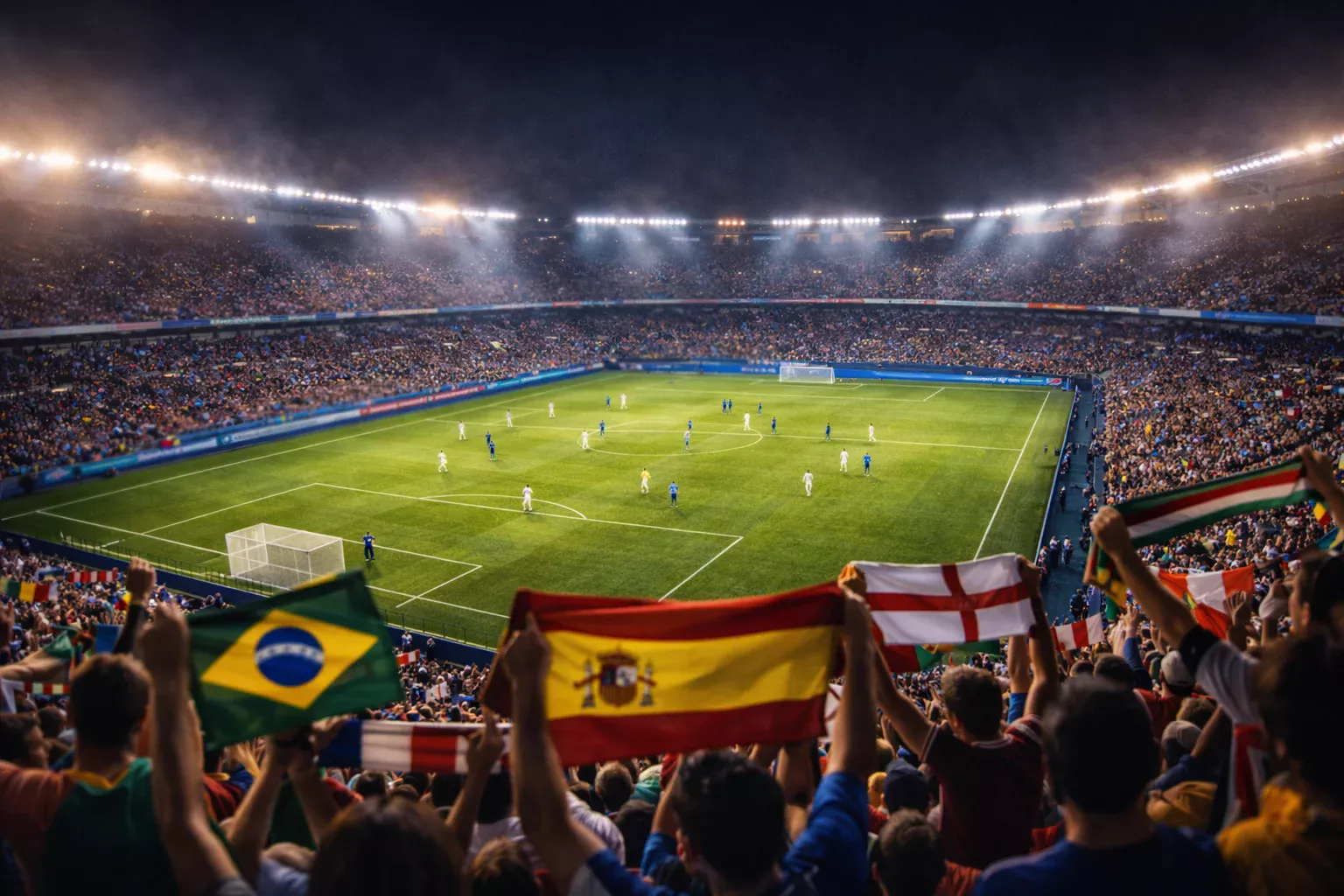 Foule de supporters de différentes nations dans un stade lors d'un match de Coupe du Monde de football