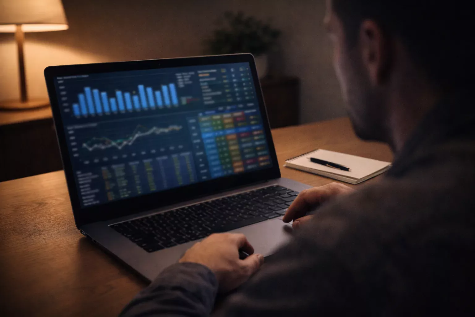 Personne analysant des données de football sur un ordinateur portable avec des graphiques de performance