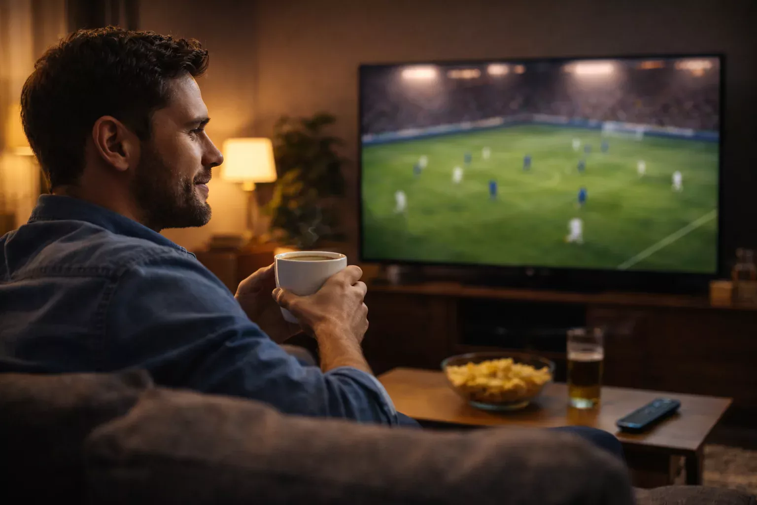Personne détendue regardant un match de football à la télévision dans un salon confortable