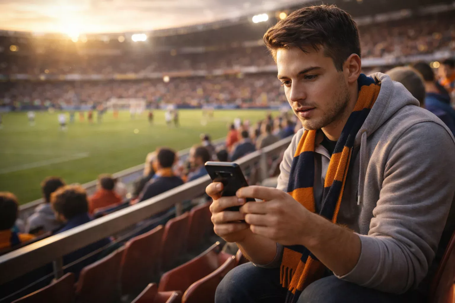 Supporter de football regardant un match dans un stade avec un smartphone à la main