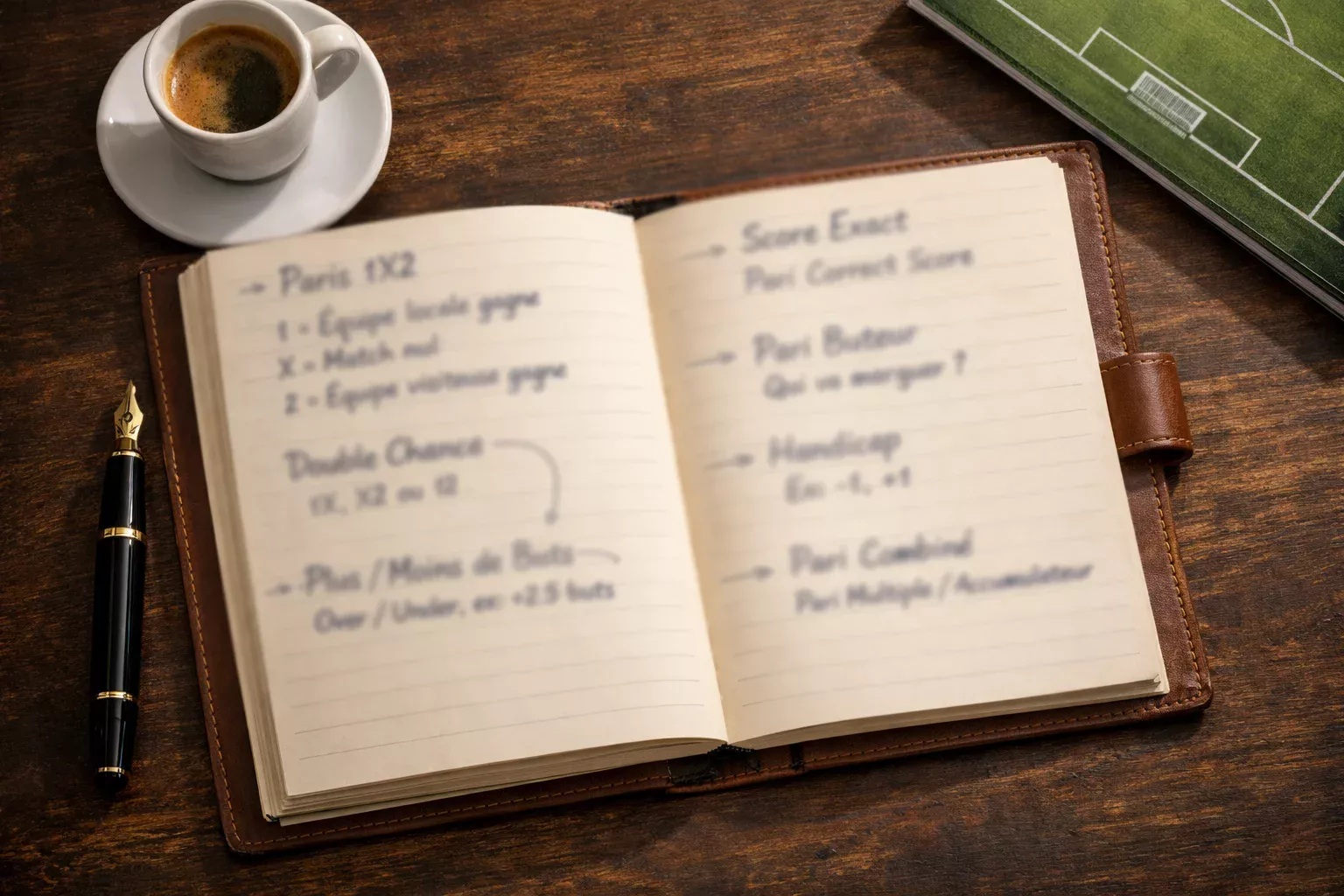 Carnet de notes ouvert avec des termes de paris sportifs écrits à la main à côté d'un terrain de football