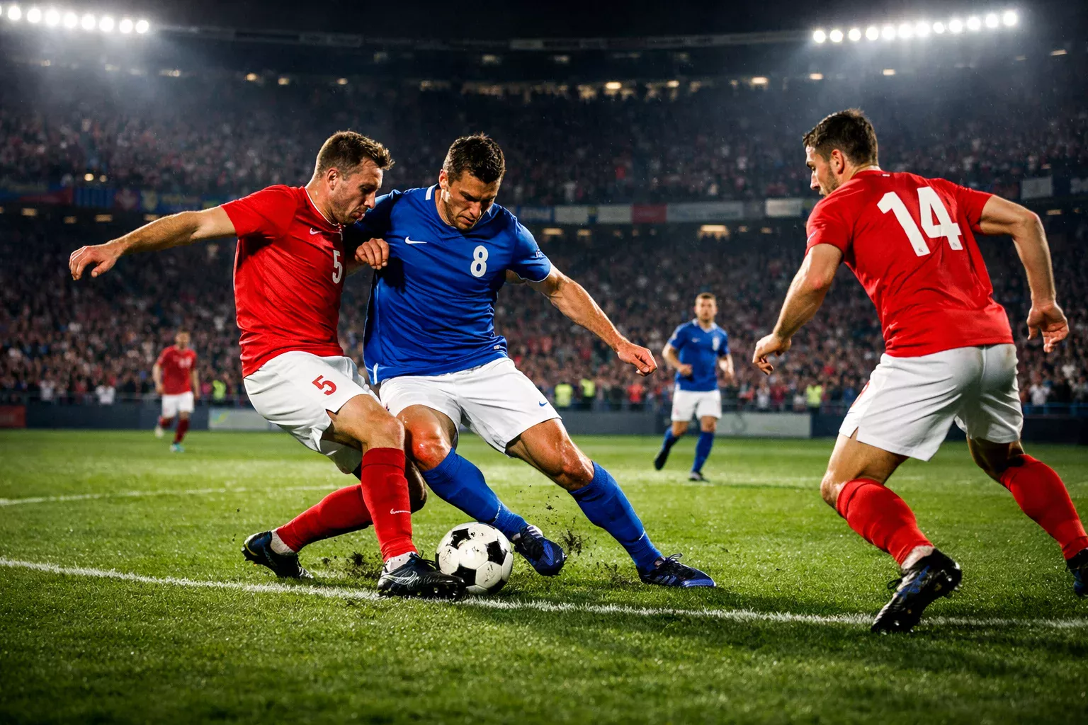 Trois issues d'un match de football symbolisées par un ballon au centre du terrain