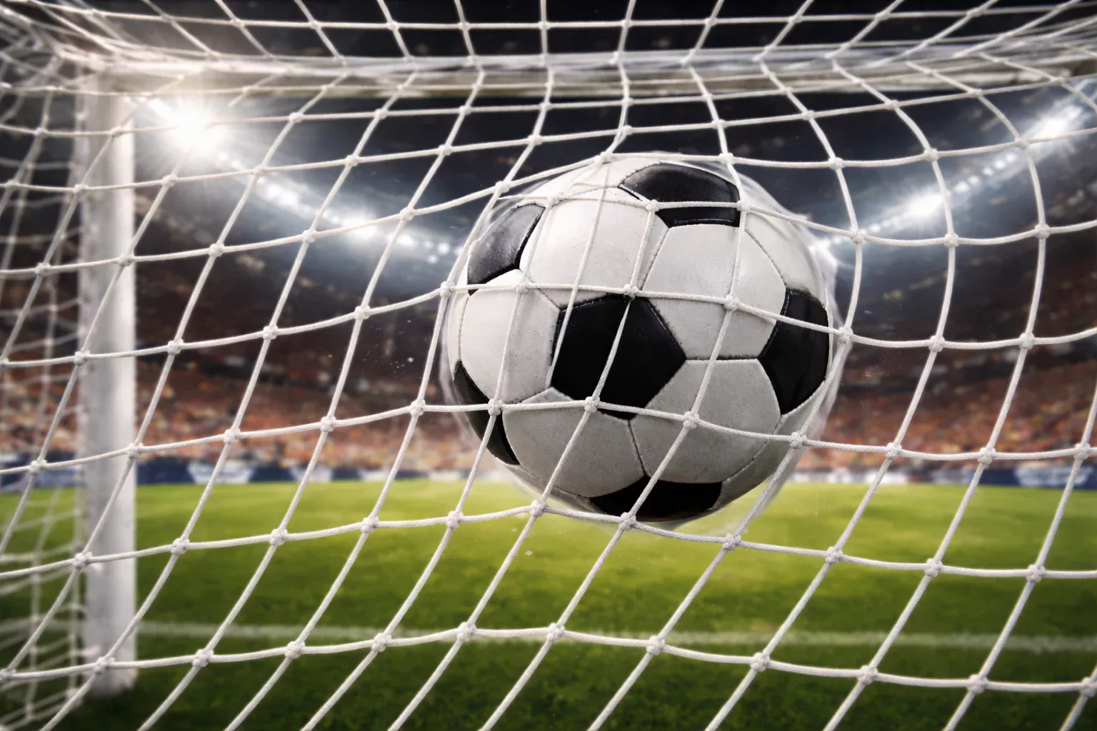 Filet de but de football vu de près avec un ballon au fond des filets dans un stade