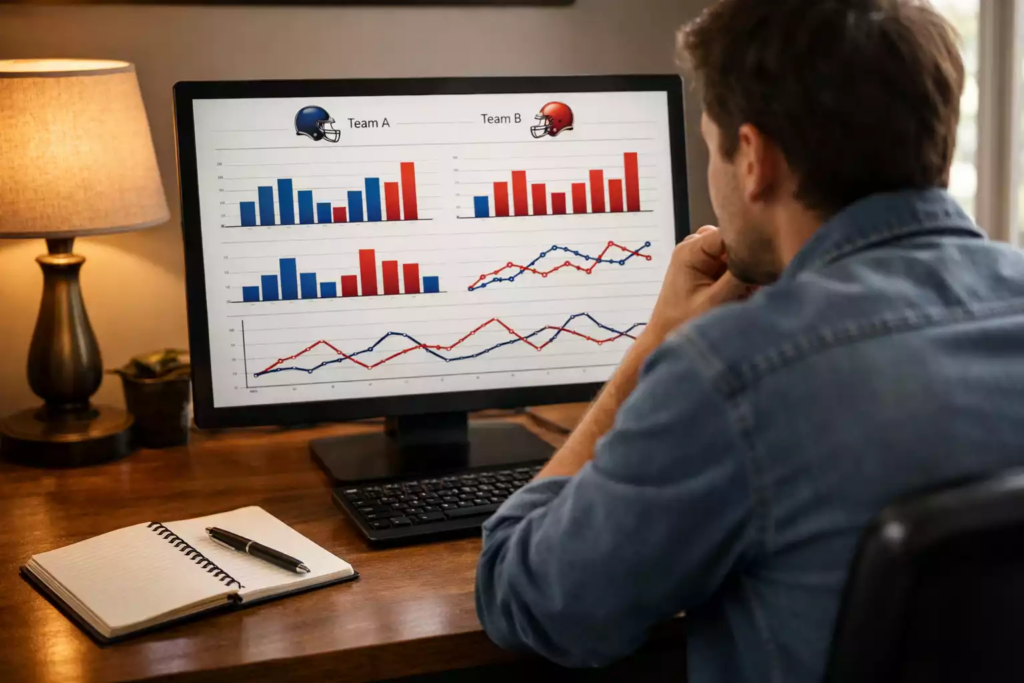 Personne analysant des statistiques de football sur un écran d'ordinateur