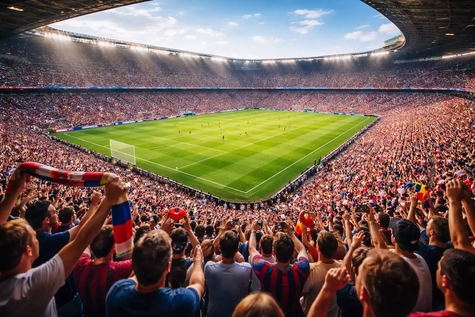 Stade de football avec tribunes pleines montrant l'ambiance du match