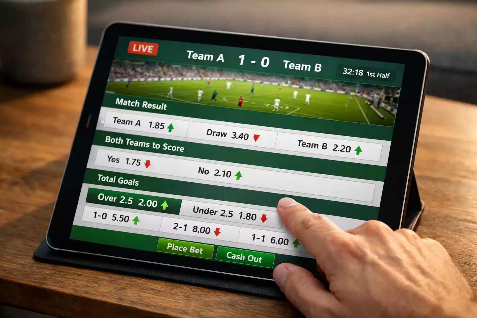 Interface de paris en direct avec cotes fluctuantes