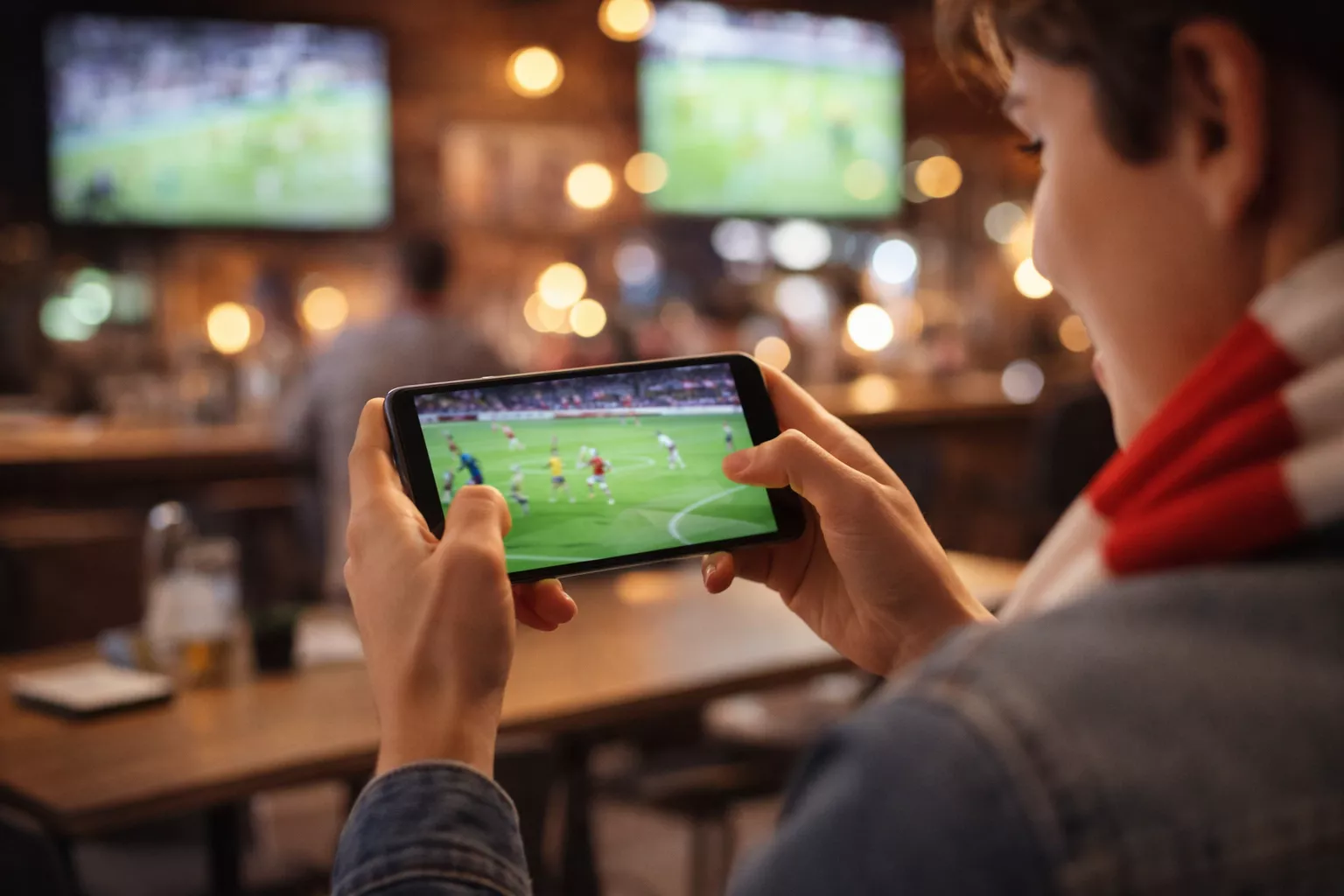 Supporter regardant un match de football sur smartphone avec application de paris