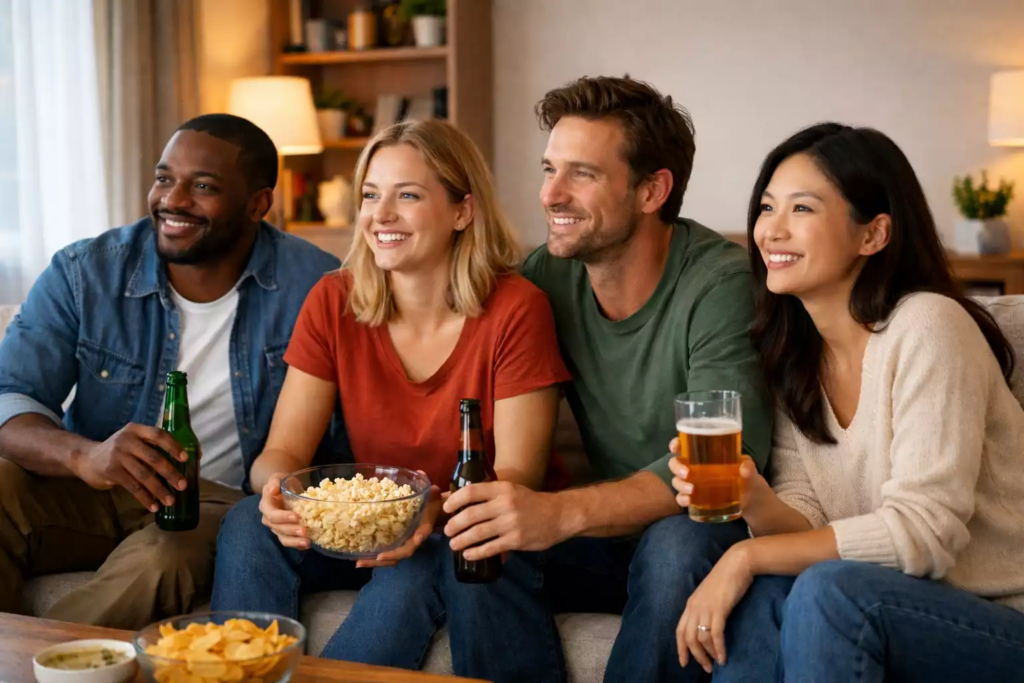Groupe d'amis regardant un match de football ensemble dans un salon