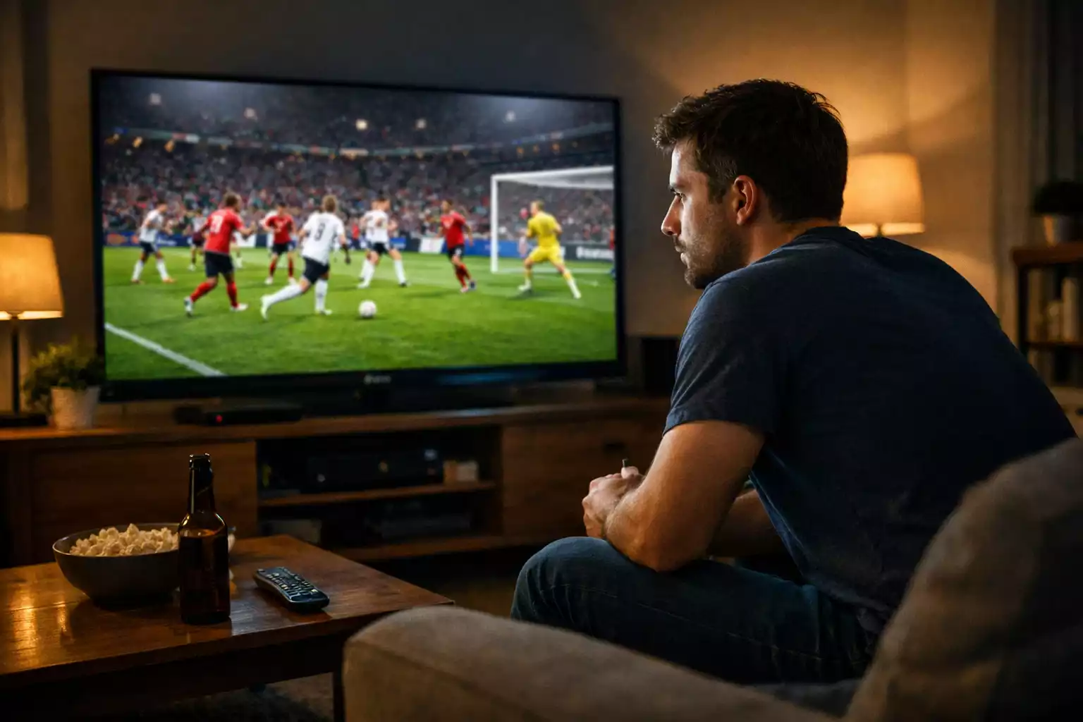 Supporter regardant un match de football en direct sur écran