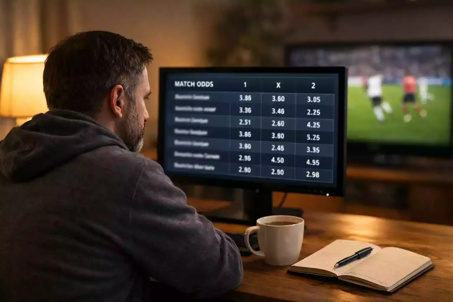 Parieur analysant les cotes sur un écran avec un match de football en arrière-plan