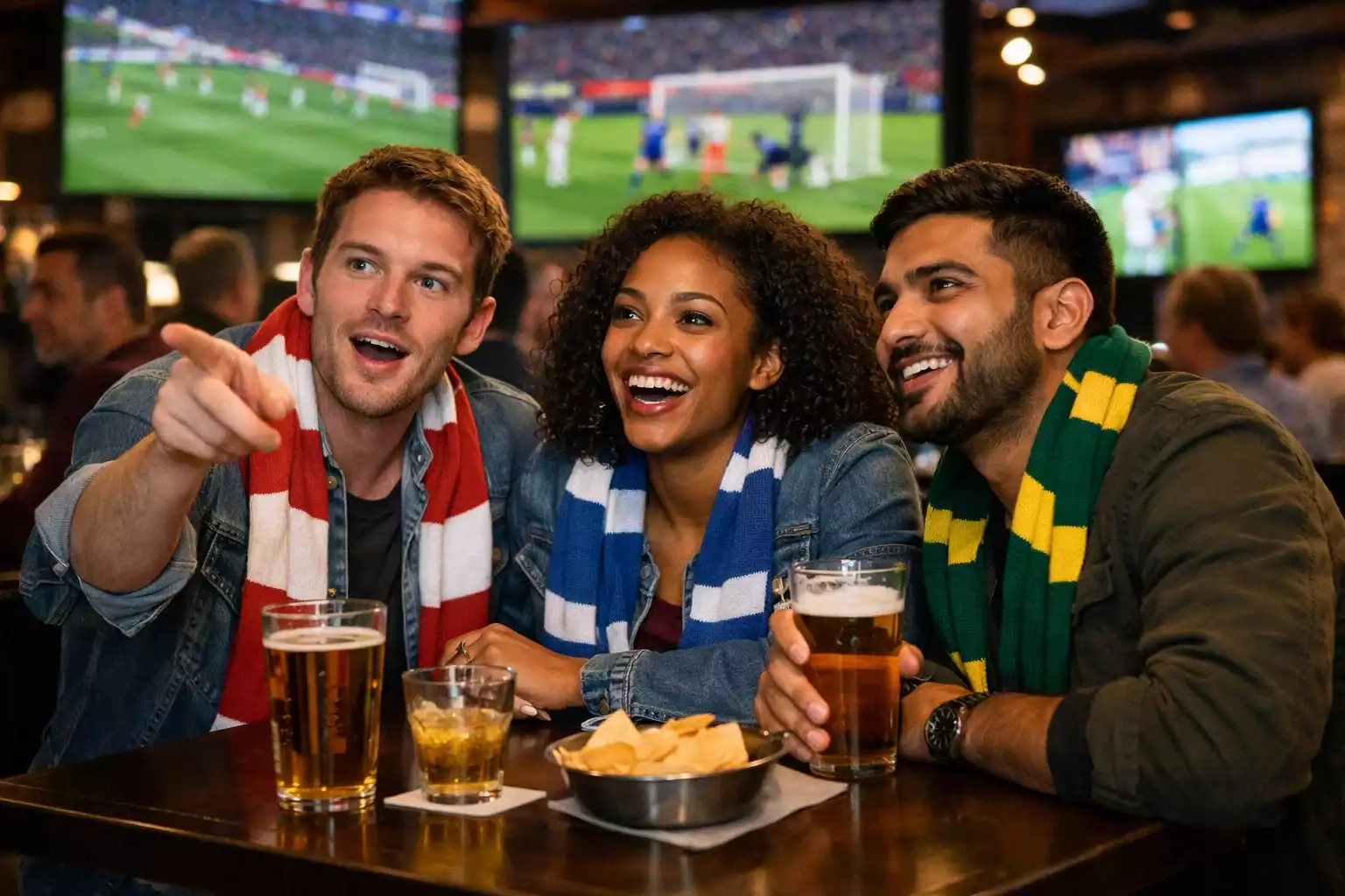 Groupe d'amis regardant un match de football dans un bar sportif