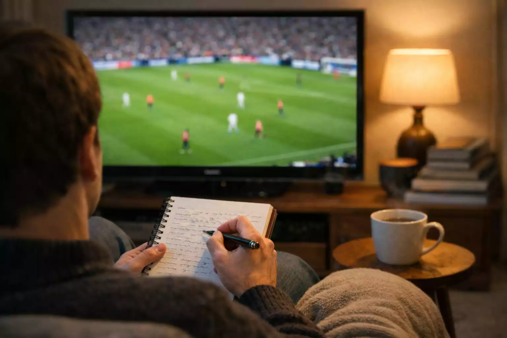Personne prenant des notes devant un match de football à la télévision