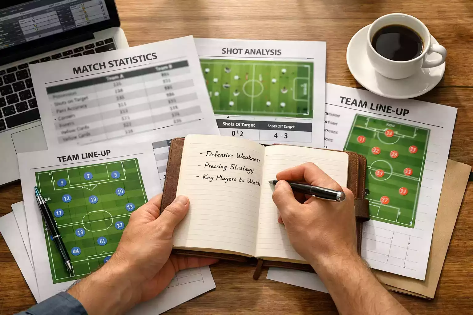 Personne prenant des notes avec documents d'analyse de match sur la table