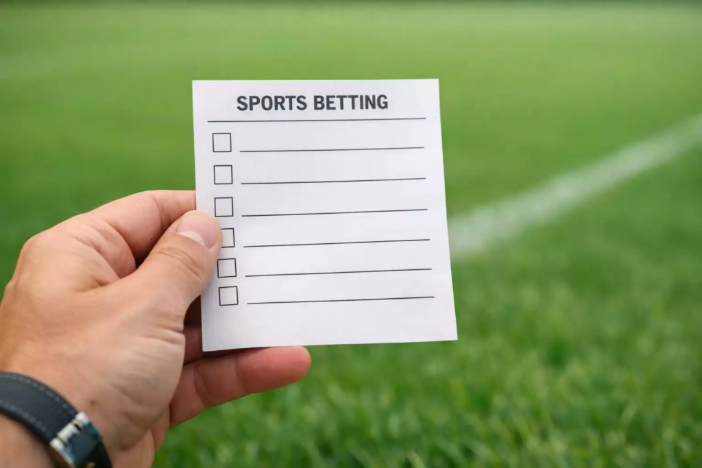 Main tenant un bulletin de paris sportifs devant un terrain de football