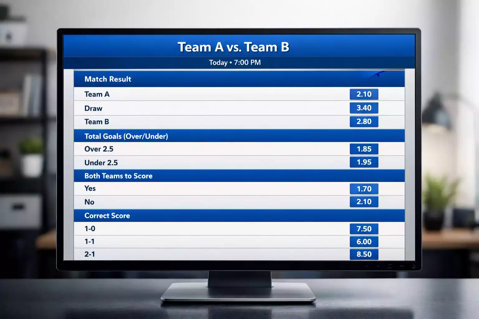 Écran de bookmaker affichant différents marchés de paris